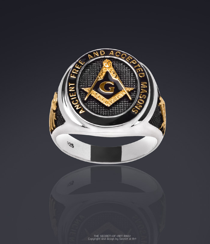 Masonic Ring Freemason AF & AM Silver 925 Black Enamel, 24KGoldPlated
